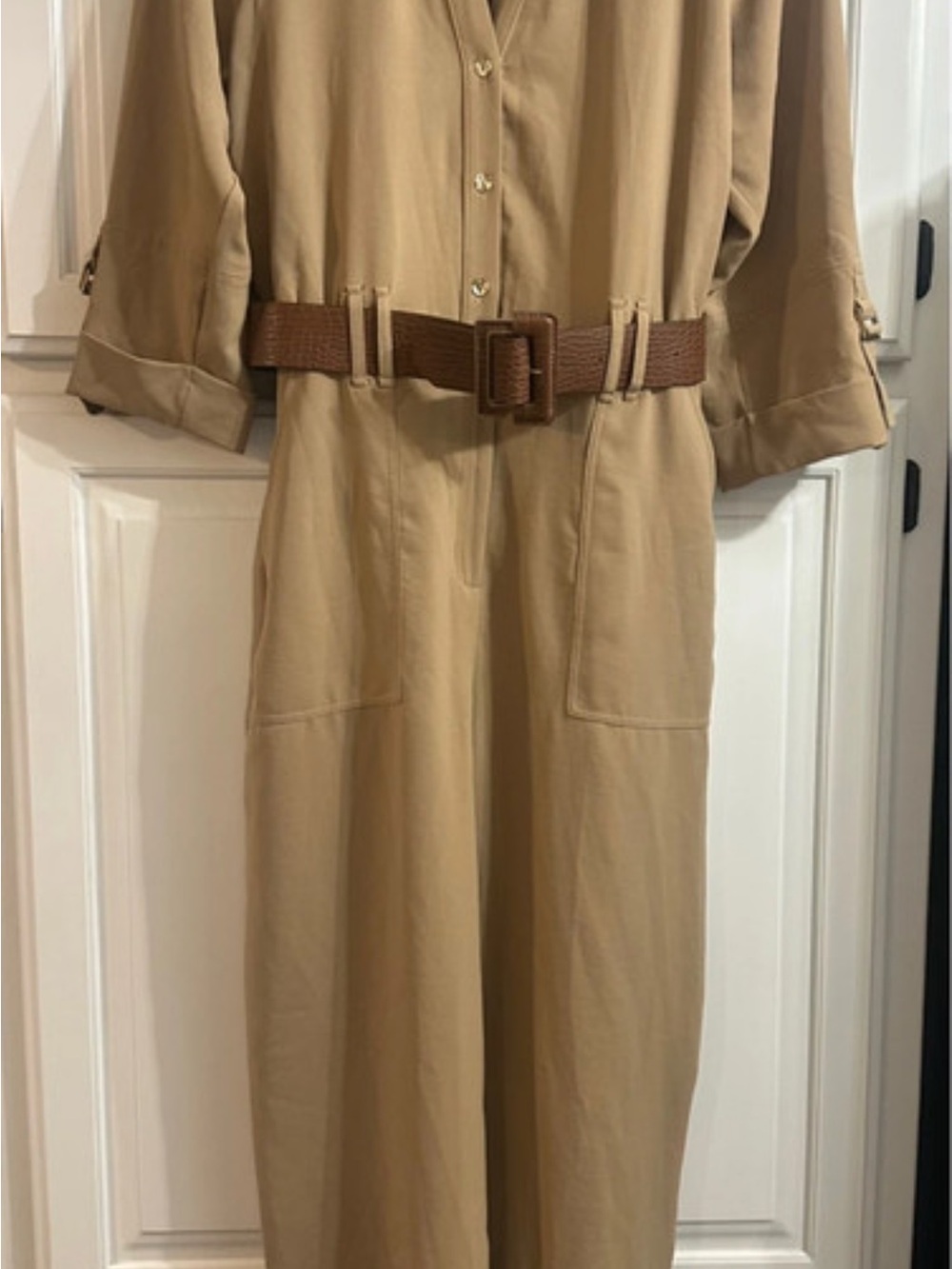 Zara Tan Utility Jumpsuit with Brown Belt